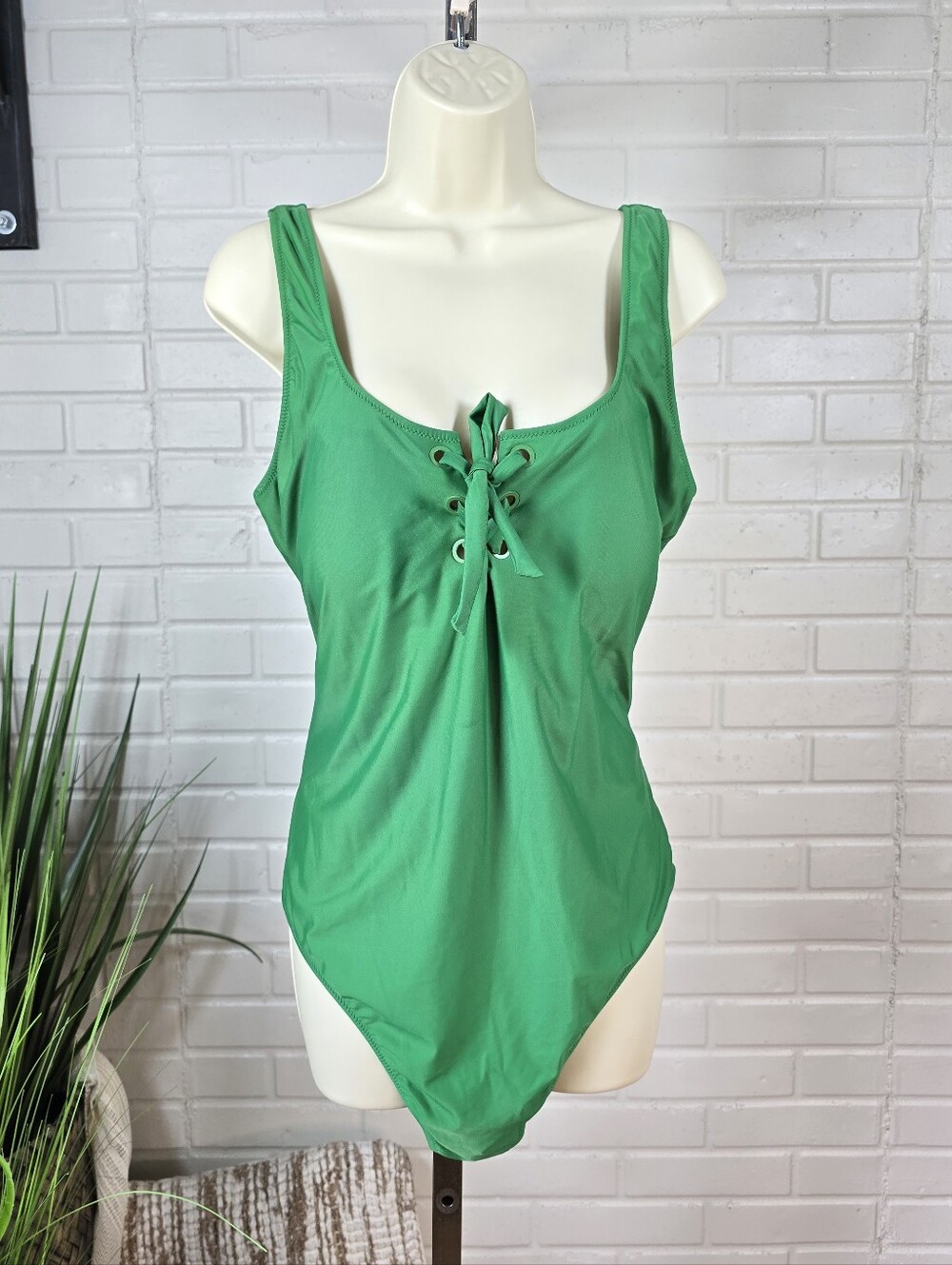 Aerie Green One Piece Swimsuit with Tie Front and Scoop Back